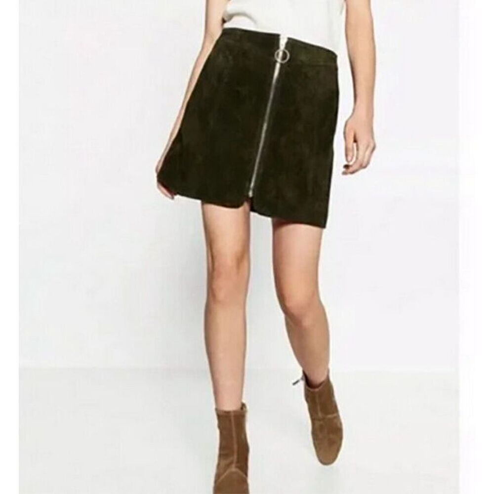 Zara Olive Green Suede Leather Zipper Mini A Line Skirt Size Small